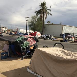 Tents along a street in the Sunnyslope area of Phoenix.